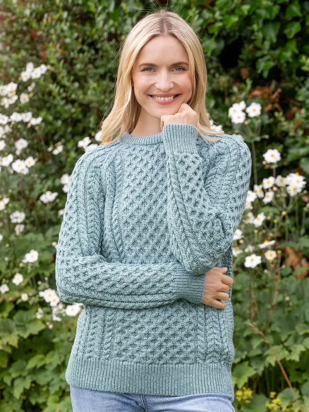 Ladies Merino Wool Fitted Aran Sweater Aqua