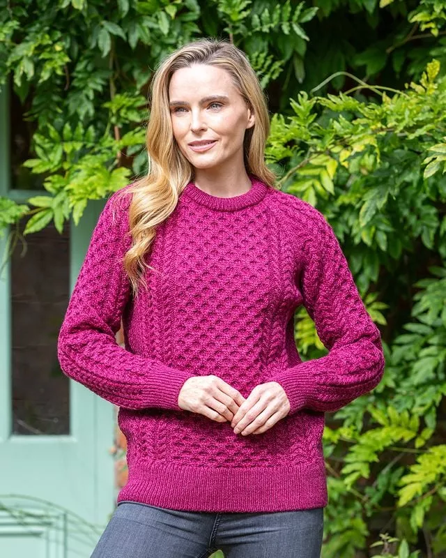 Ladies Merino Wool Fitted Aran Sweater Raspberry