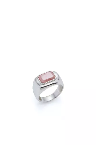 Large Ring in 18K White Gold & Pink Marble Stone