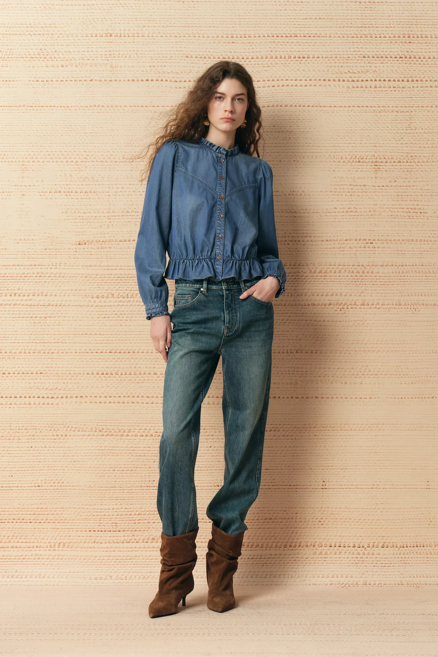 Laura Ruffle Trim Denim Shirt