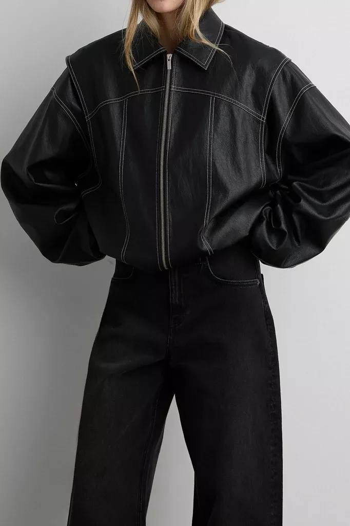 LAYERED DETAIL CONTRAST STITCH VEGAN LEATHER BOMBER