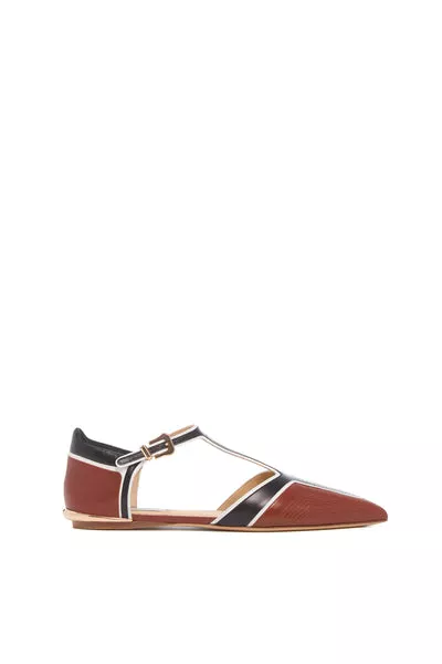 Leya Moto T-Strap Flat Shoe in Cognac Multi Leather