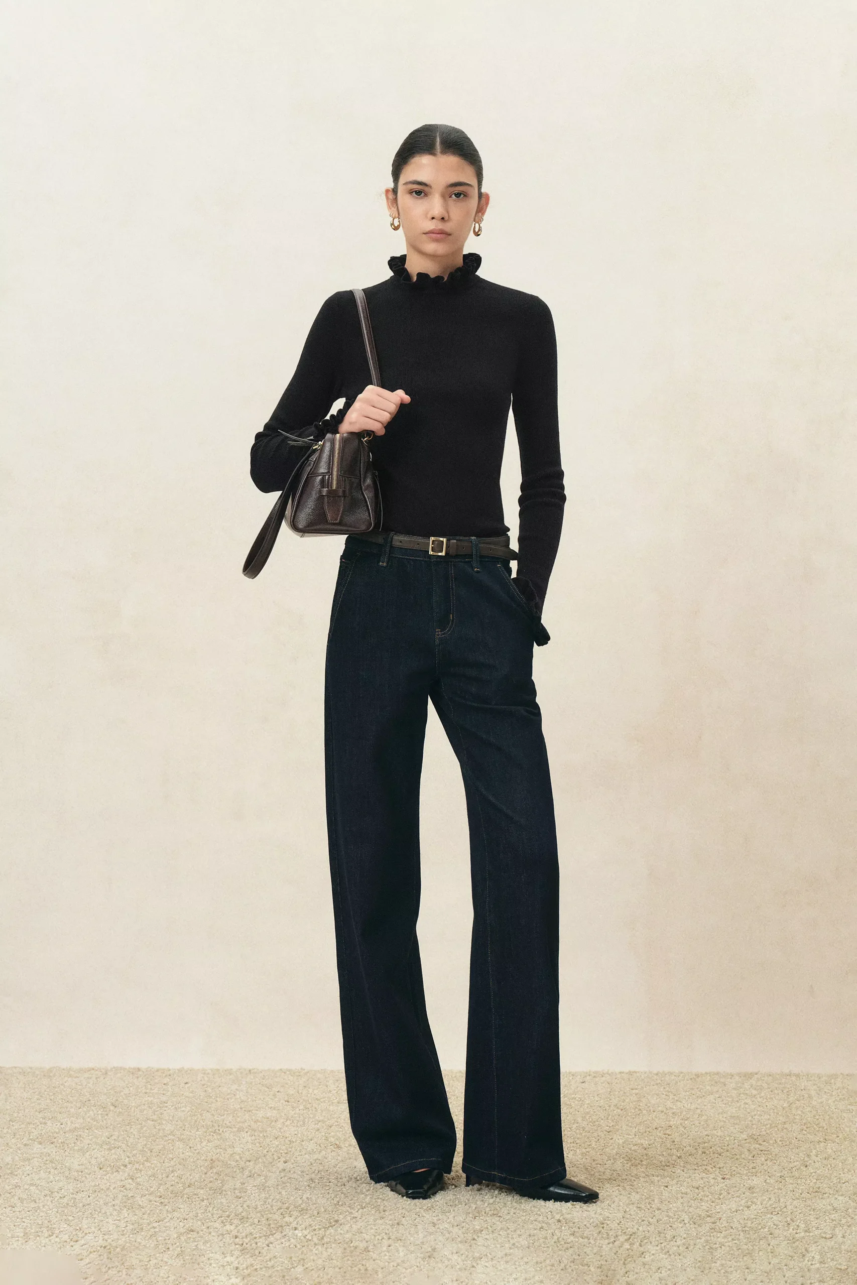 Lieve Ruffle Trim Fitted Turtleneck Top in Wool Blend