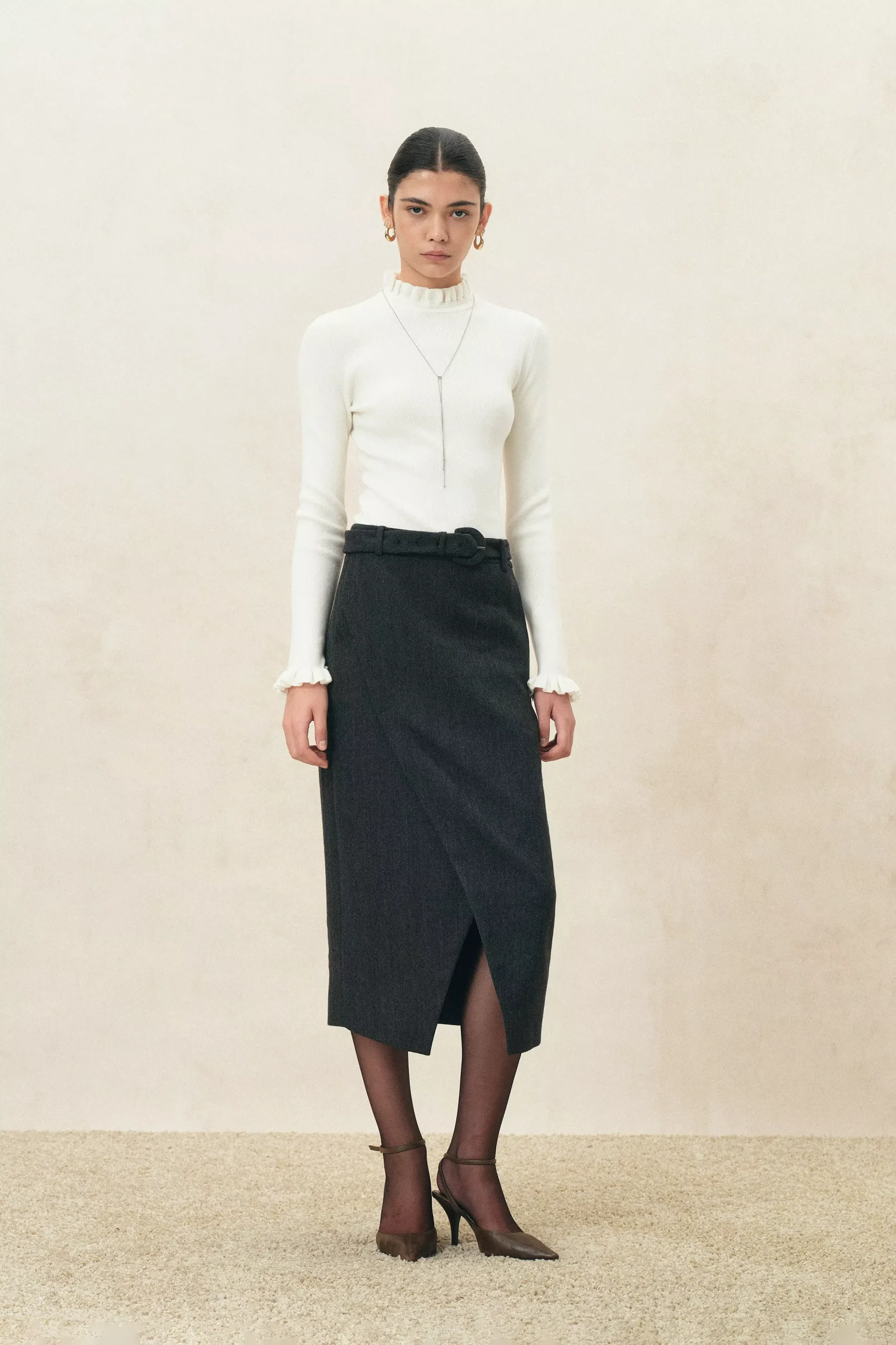Lieve Ruffle Trimmed Fitted Turtleneck Top in Wool Blend