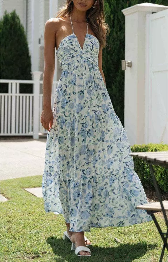 Long chiffon V-neck dress with big swing