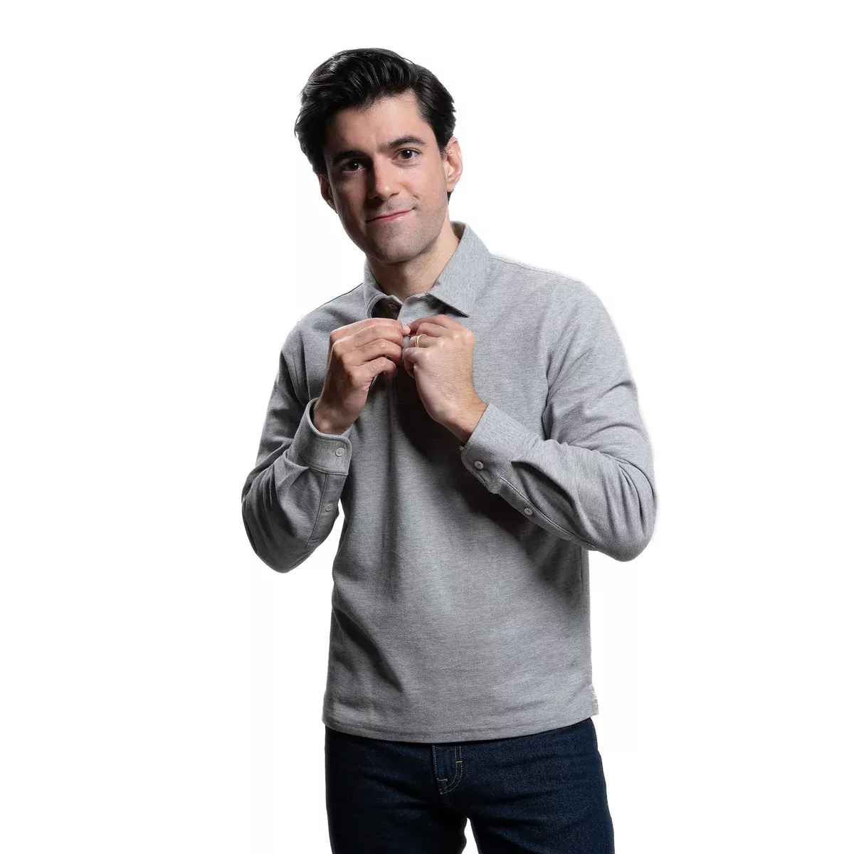 Long Sleeve Polo Shirts - Heather Grey