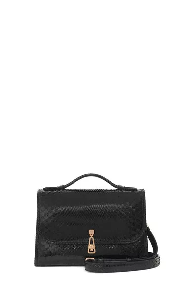 Medium Leonora Flap Bag in Black Snakeskin