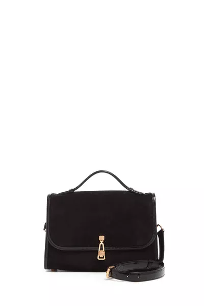 Medium Leonora Flap Bag in Black Suede