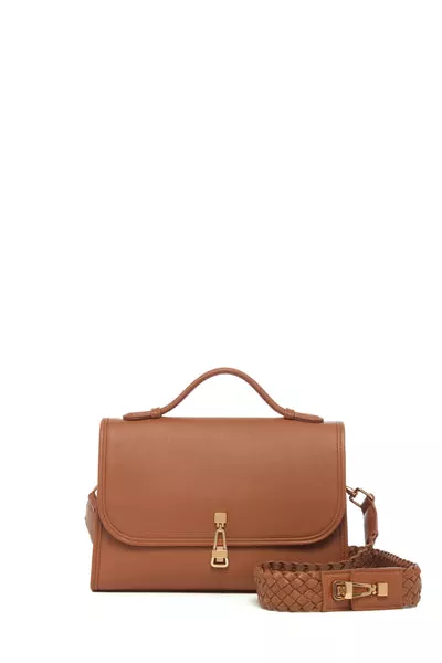 Medium Leonora Flap Bag in Cognac Leather with Braided Strap