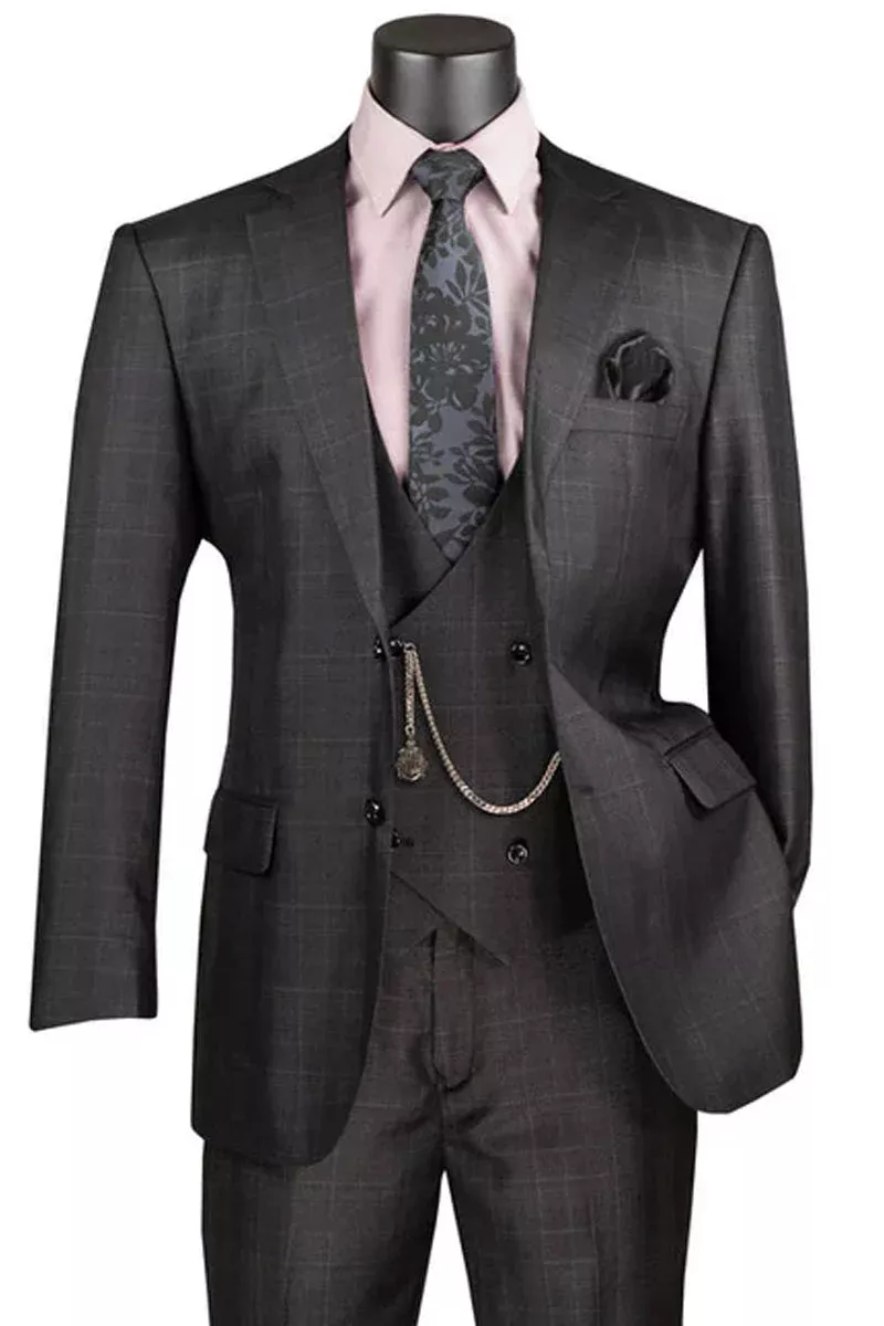 Men's 2 Button Vested Peak Lapel Plaid Windowpane Suit in Black