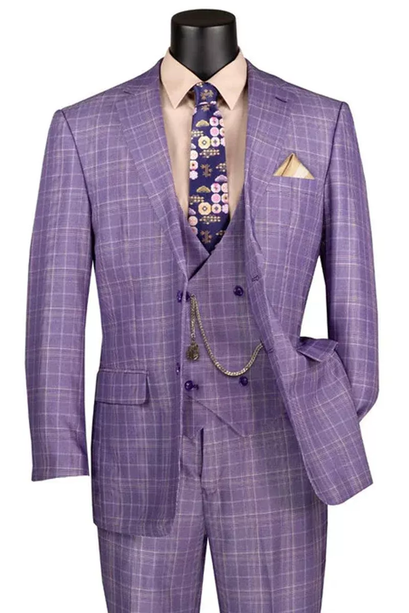 Men's 2 Button Vested Peak Lapel Plaid Windowpane Suit in Light Purple