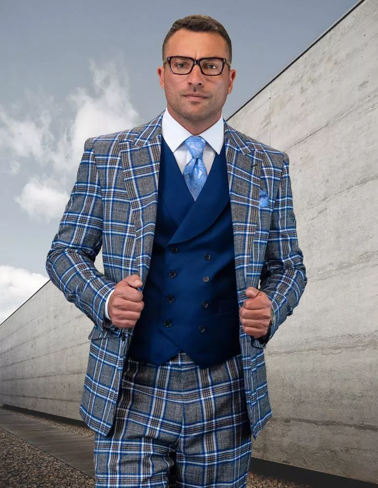 Men's 3 Piece Wool Suit Triple Tone Plaid 100% Wool Shop Statement