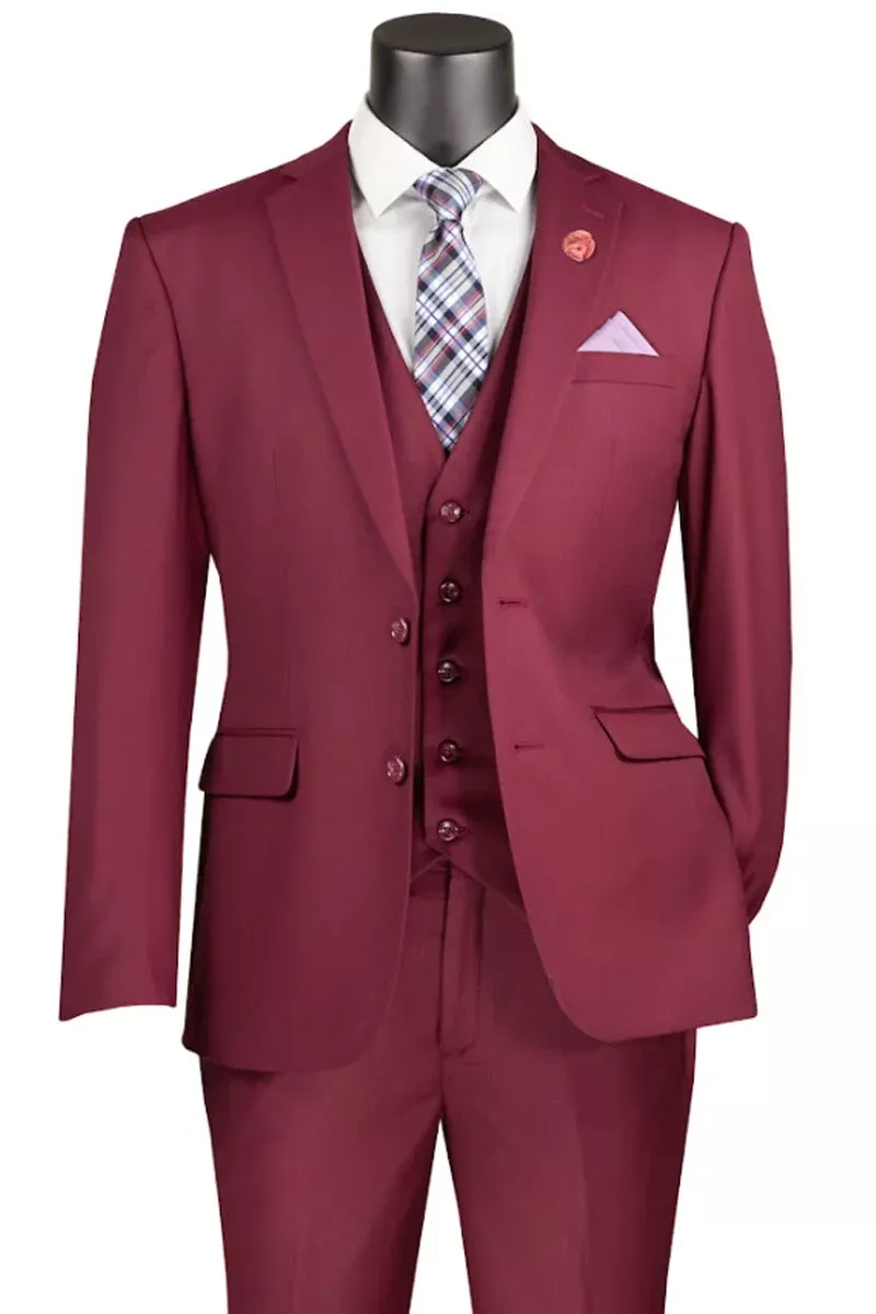 Men's Basic 2 Button Vested Slim Fit Suit in Burgundy