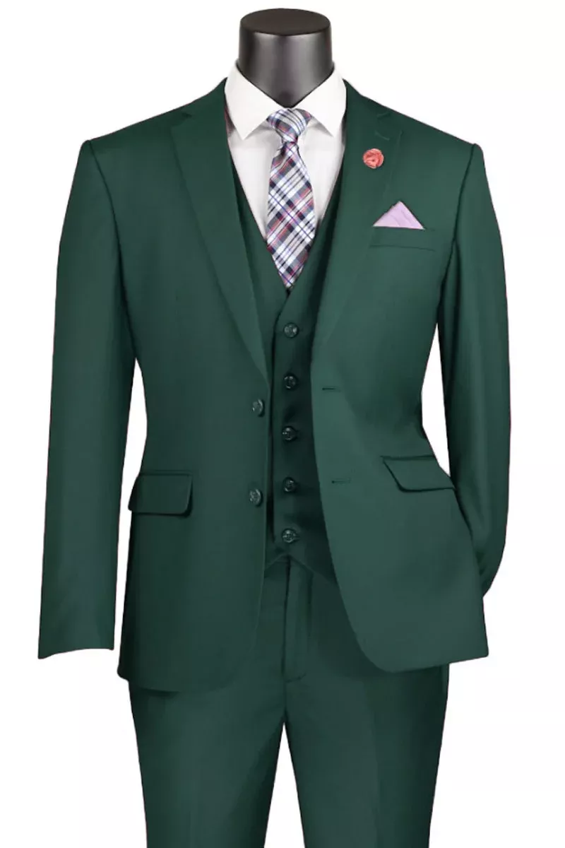 Men's Basic 2 Button Vested Slim Fit Suit in Hunter Green
