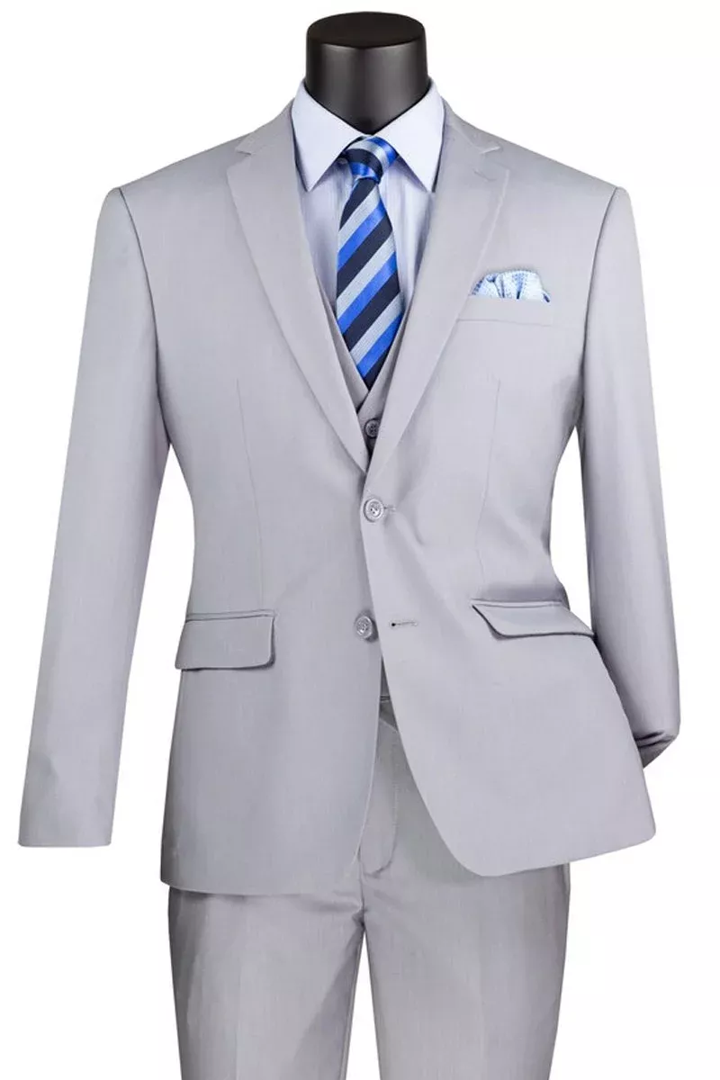 Men's Basic 2 Button Vested Slim Fit Suit in Light Grey