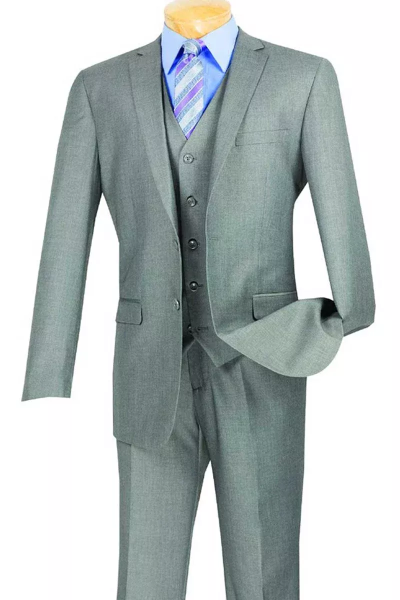 Men's Basic 2 Button Vested Slim Fit Suit in Medium Grey