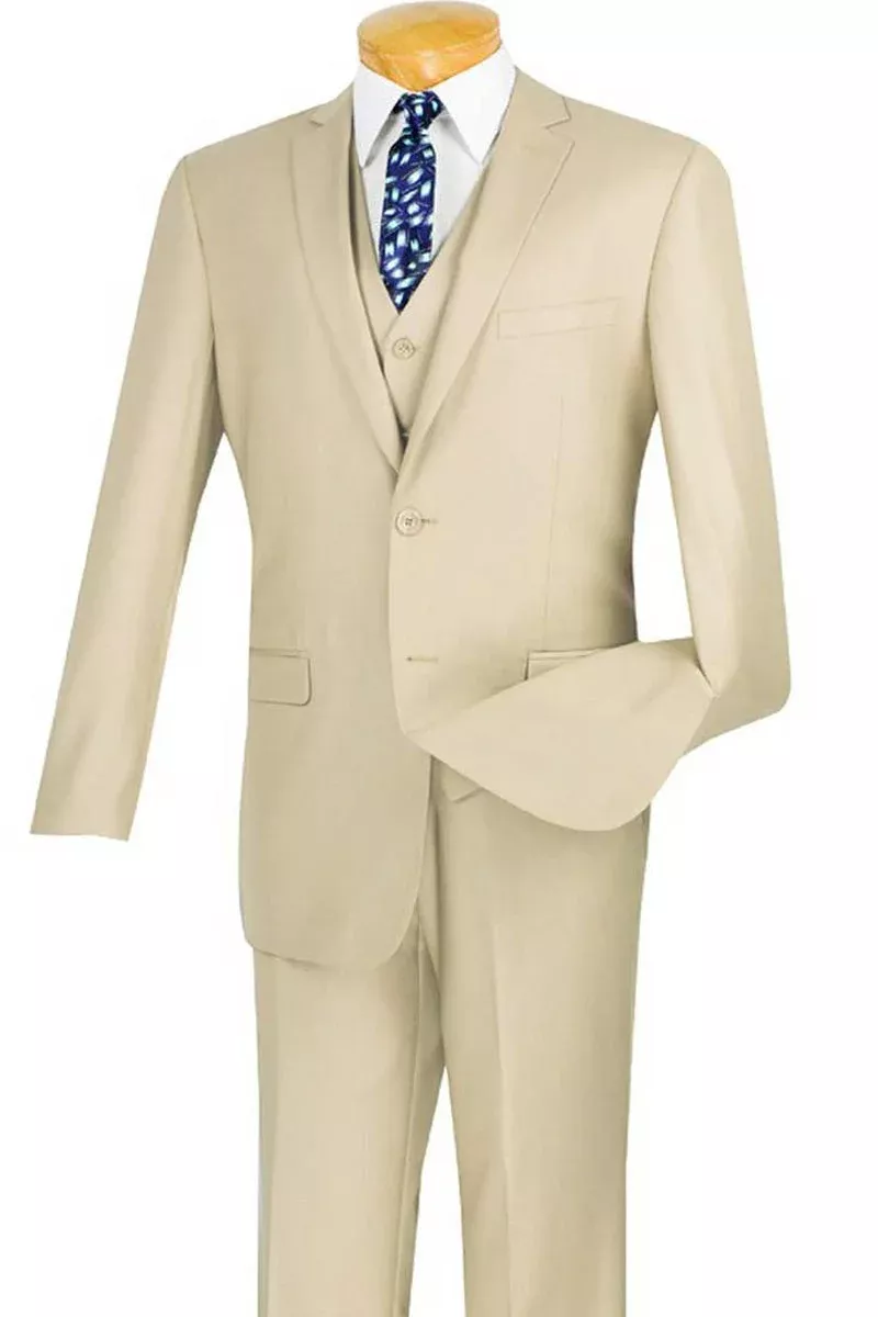 Men's Basic 2 Button Vested Slim Fit Suit in Stone Tan