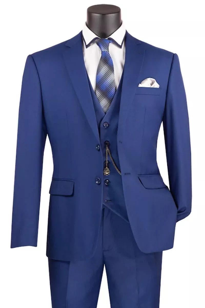 Men's Basic 2 Button Vested Slim Fit Suit in Twilight Blue