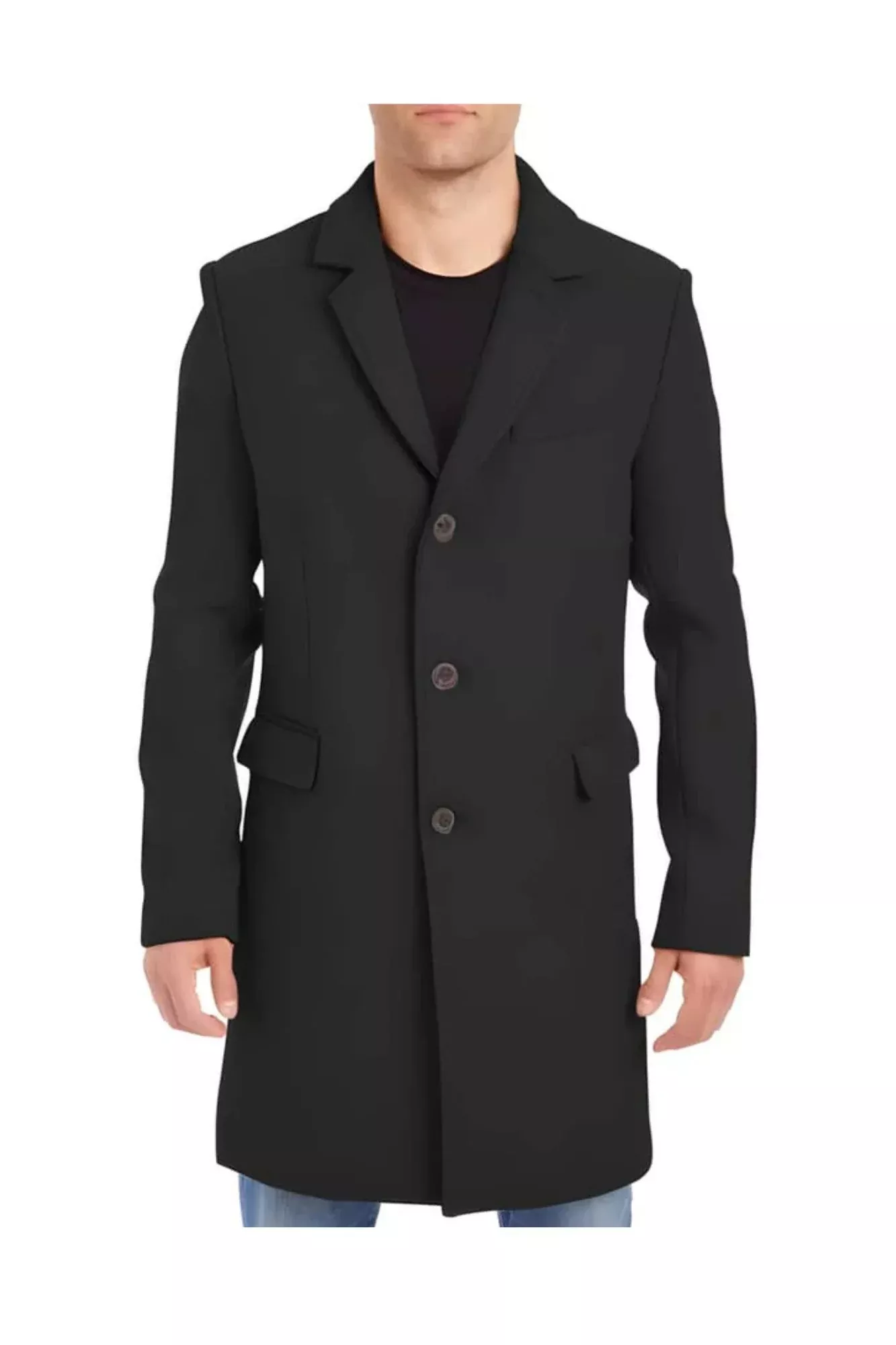 Men's Black Four Button Cuffs Wool Fabric Big And Tall Men's Peacoat