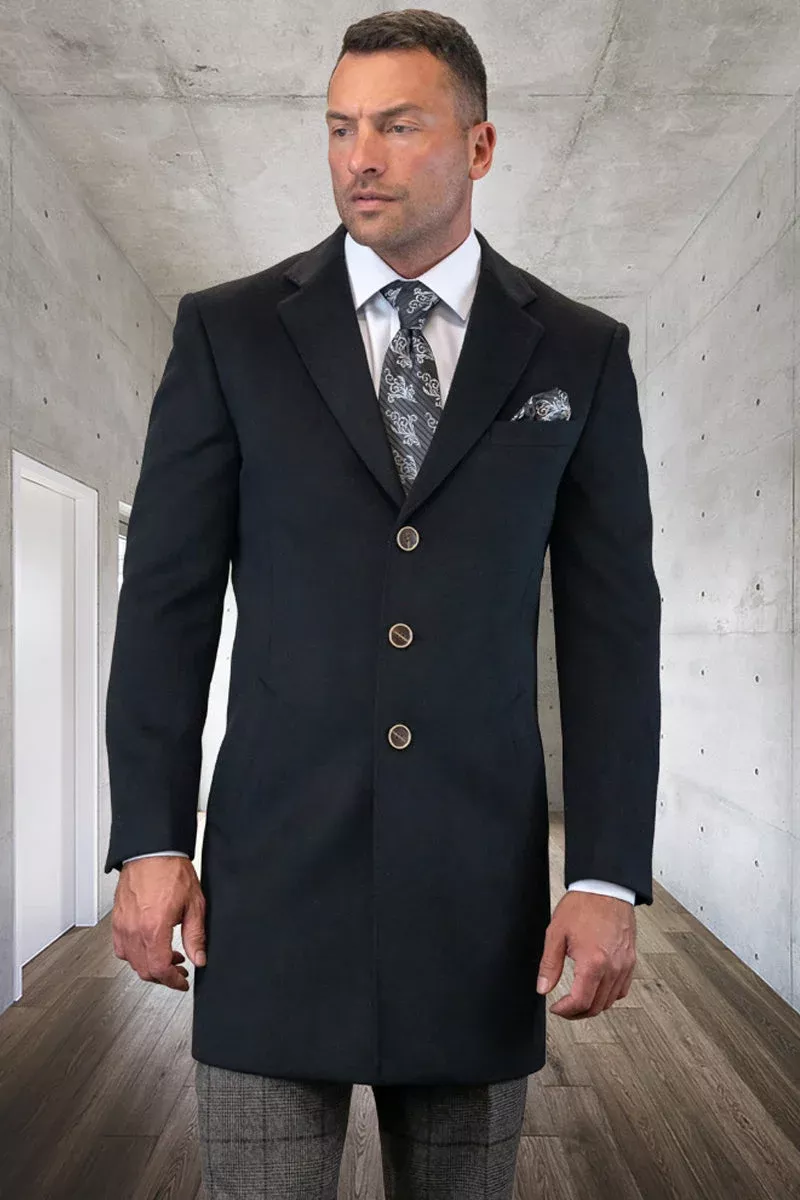 Men's Designer 100% Wool Winter Overcoat in Black
