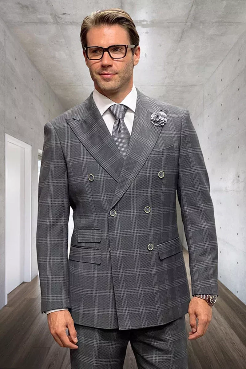 Men's Designer Classic Fit Double Breasted Wool Suit in Grey Windowpane Plaid