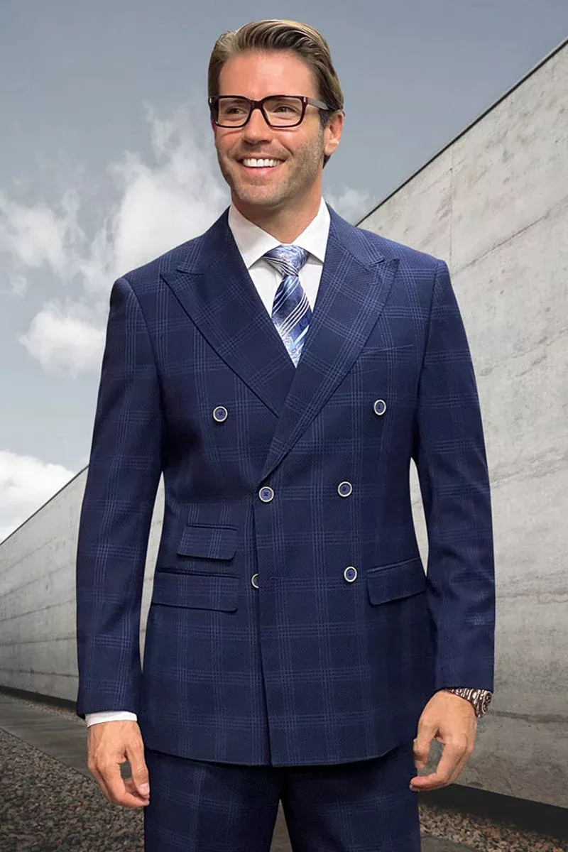 Men's Designer Classic Fit Double Breasted Wool Suit in Navy Windowpane Plaid