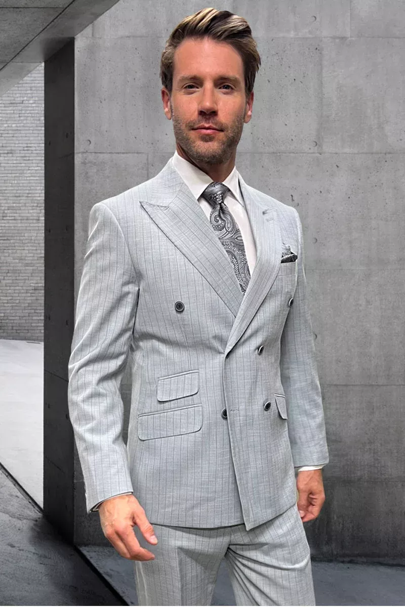 Men's Designer Double Breasted Summer Wool Suit in Light Grey Pinstripe