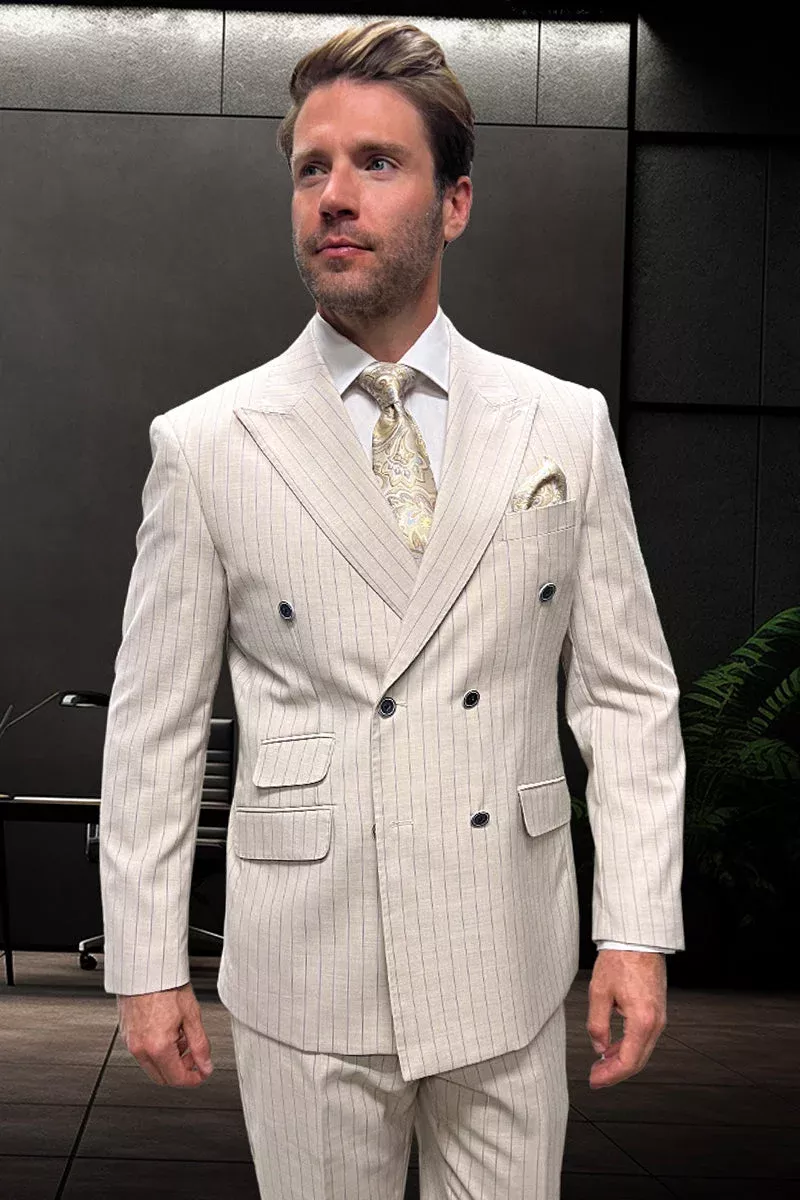Men's Designer Double Breasted Summer Wool Suit in Tan Pinstripe