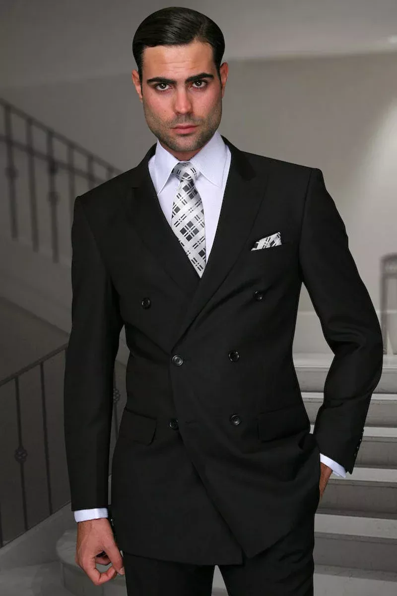 Men's Designer Double Breasted Wool Suit in Black