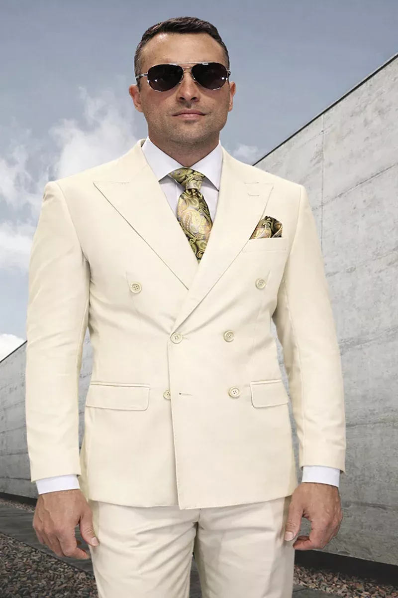 Men's Designer Double Breasted Wool Suit in Ivory Off White