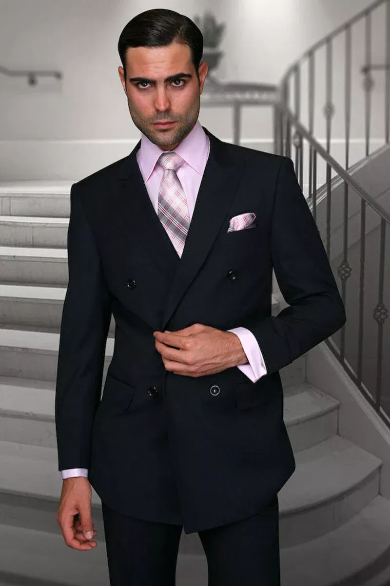 Men's Designer Double Breasted Wool Suit in Navy Blue