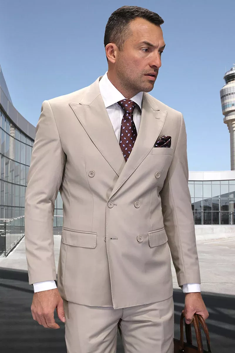 Men's Designer Double Breasted Wool Suit in Tan