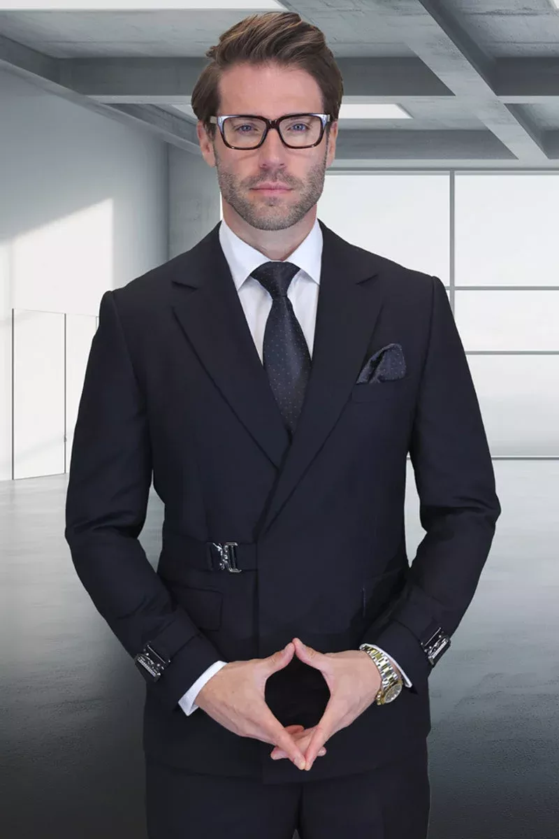 Men's Designer Double Breasted Wool Suit with Buckle Closure in Black