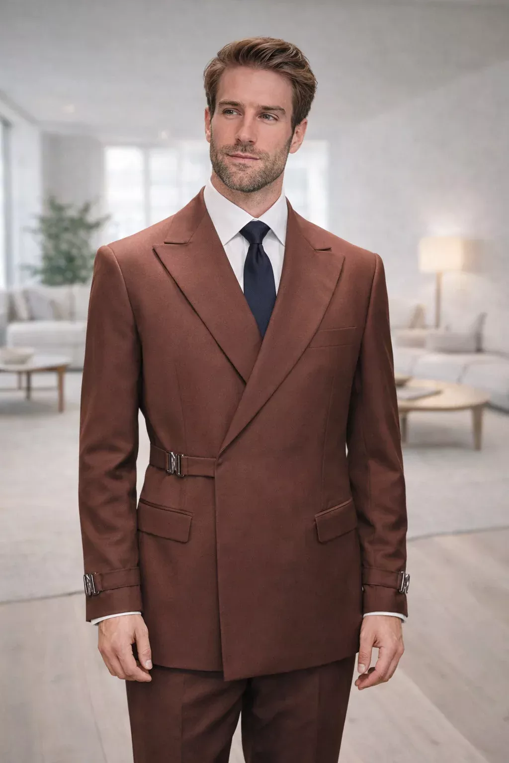 Men's Designer Double Breasted Wool Suit with Buckle Closure in Copper