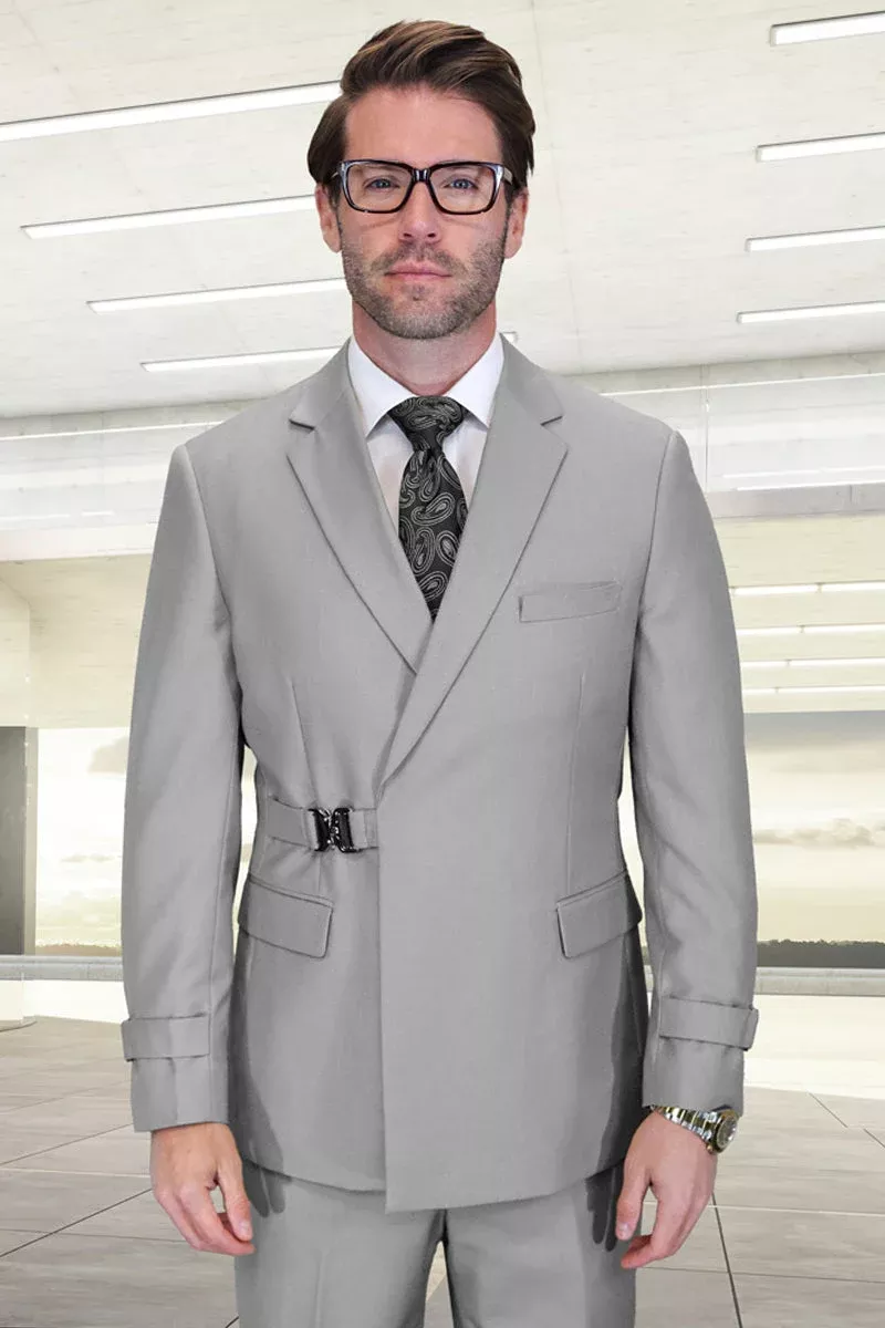 Men's Designer Double Breasted Wool Suit with Buckle Closure in Light Grey