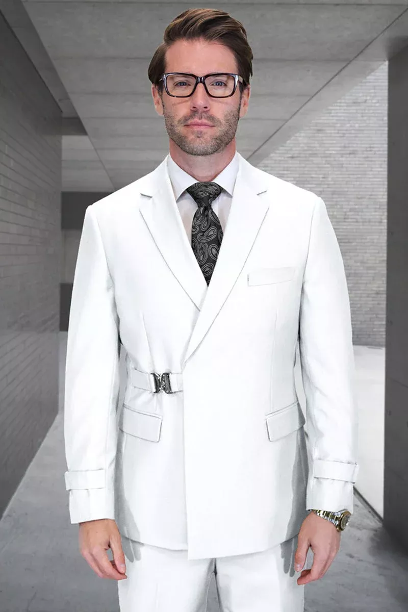 Men's Designer Double Breasted Wool Suit with Buckle Closure in White