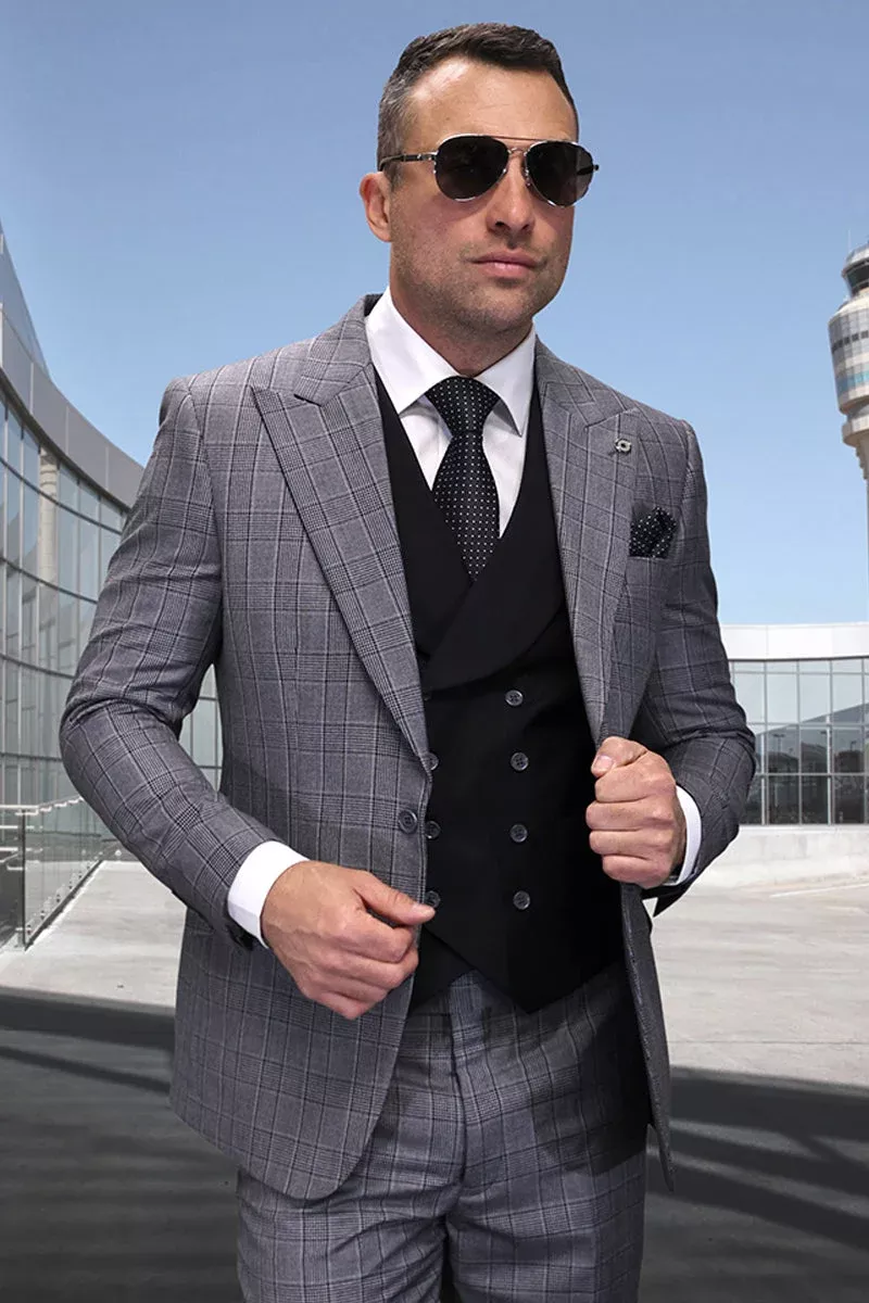 Men's Designer One Button Peak Lapel Vested Wool Suit in BlackPlaid
