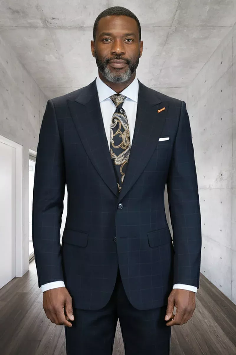 Men's Designer One Button Peak Lapel Wool Suit in Black Windowpane Plaid