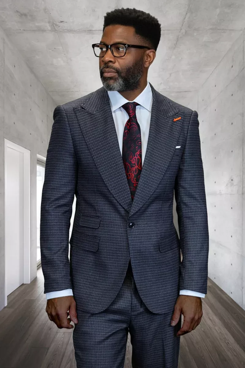 Men's Designer One Button Peak Lapel Wool Suit in Charcoal Grey Micro Plaid