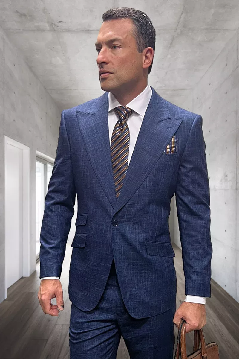 Men's Designer One Button Peak Lapel Wool Suit in Indigo Blue Plaid