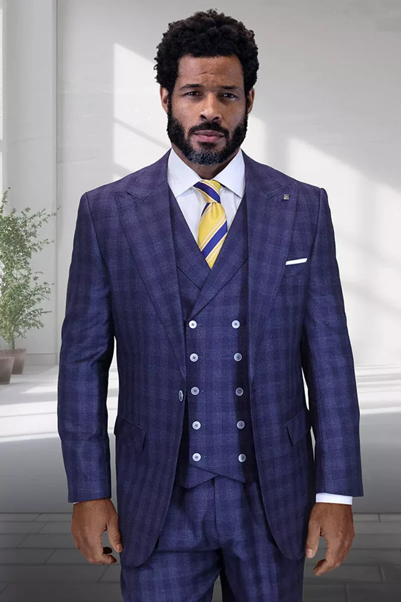 Men's Designer One Button Peak Lapel Wool Suit in Navy Plaid with Double Breasted Vest