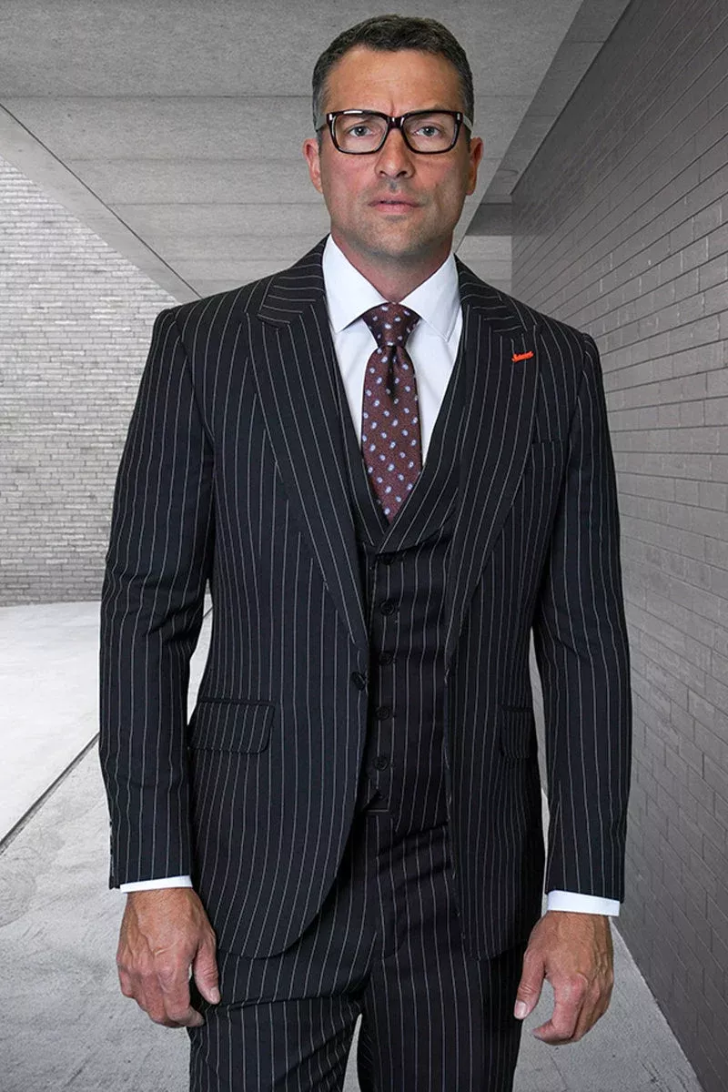 Men's Designer One Button Vested Wool Suit in Black Pinstripe
