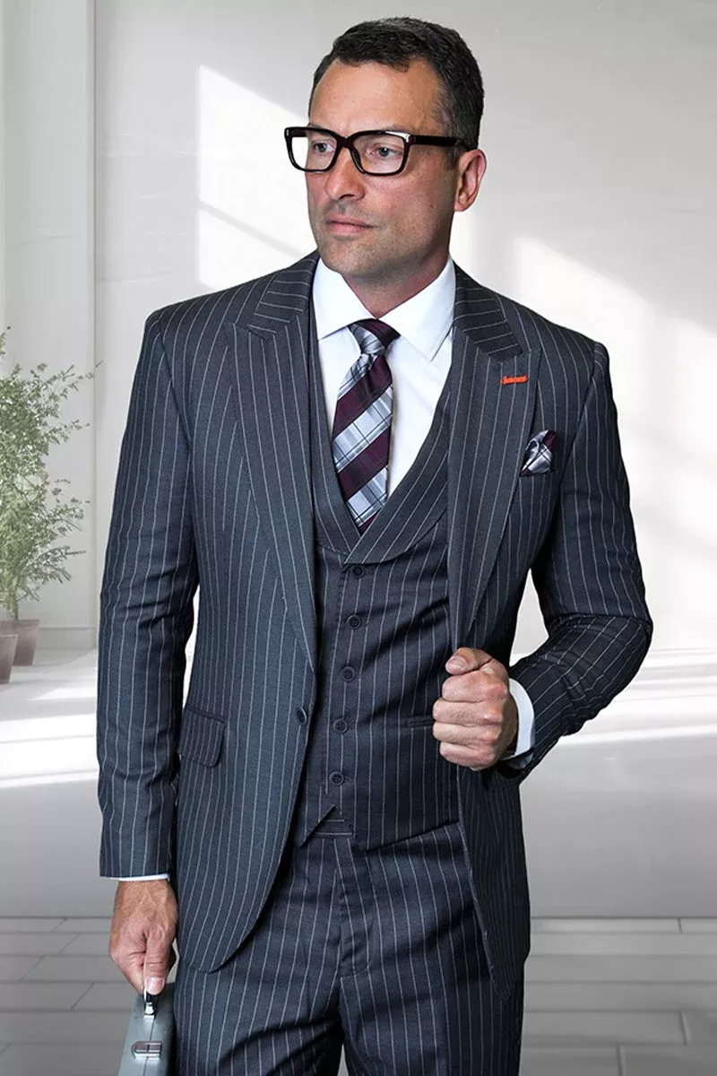 Men's Designer One Button Vested Wool Suit in Grey Pinstripe