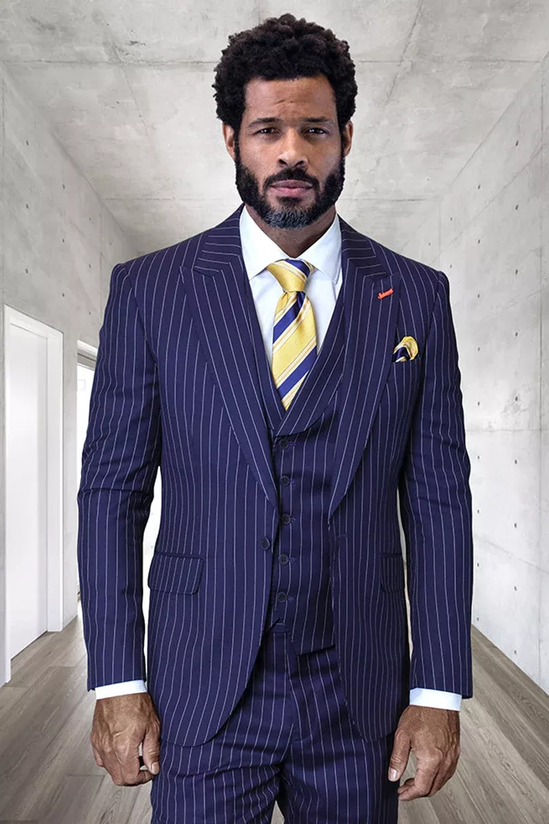 Men's Designer One Button Vested Wool Suit in Navy Pinstripe