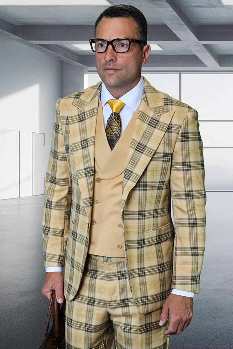 Men's Designer One Button Wool Suit in Camel Bold Plaid with Double Breasted Vest