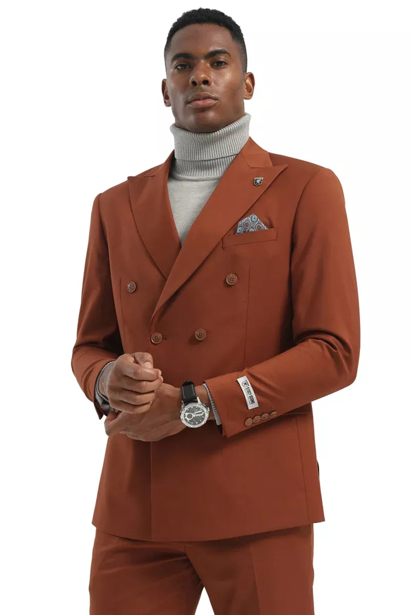 Men's Designer Stacy Adams Classic Double Breasted Suit in Brown Rust