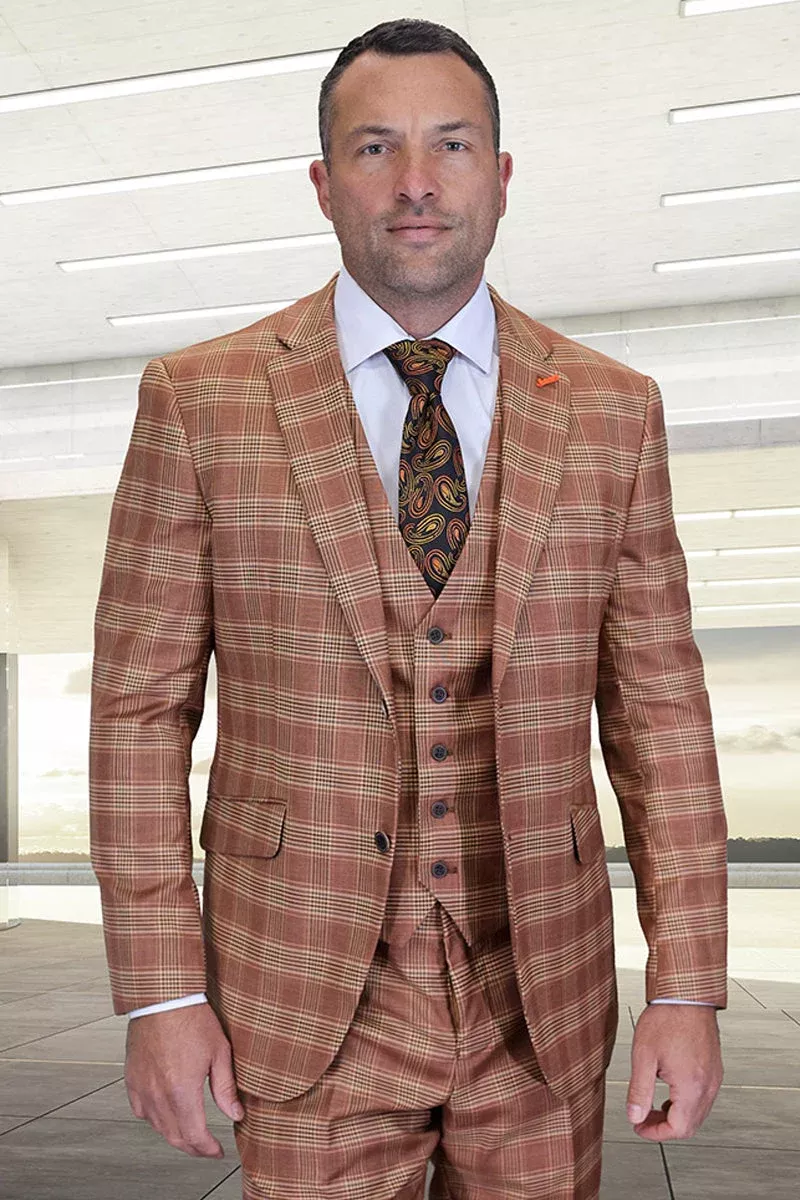 Men's Designer Two Button Modern Fit Vested Wool Suit in Rust Glen Plaid