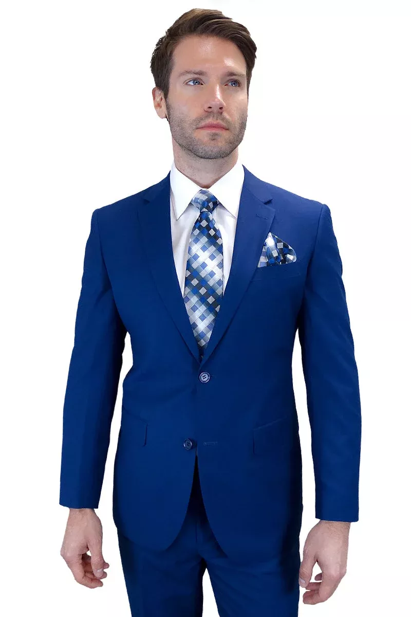 Men's Designer Two Button Modern Fit Wool Suit in Sapphire Blue