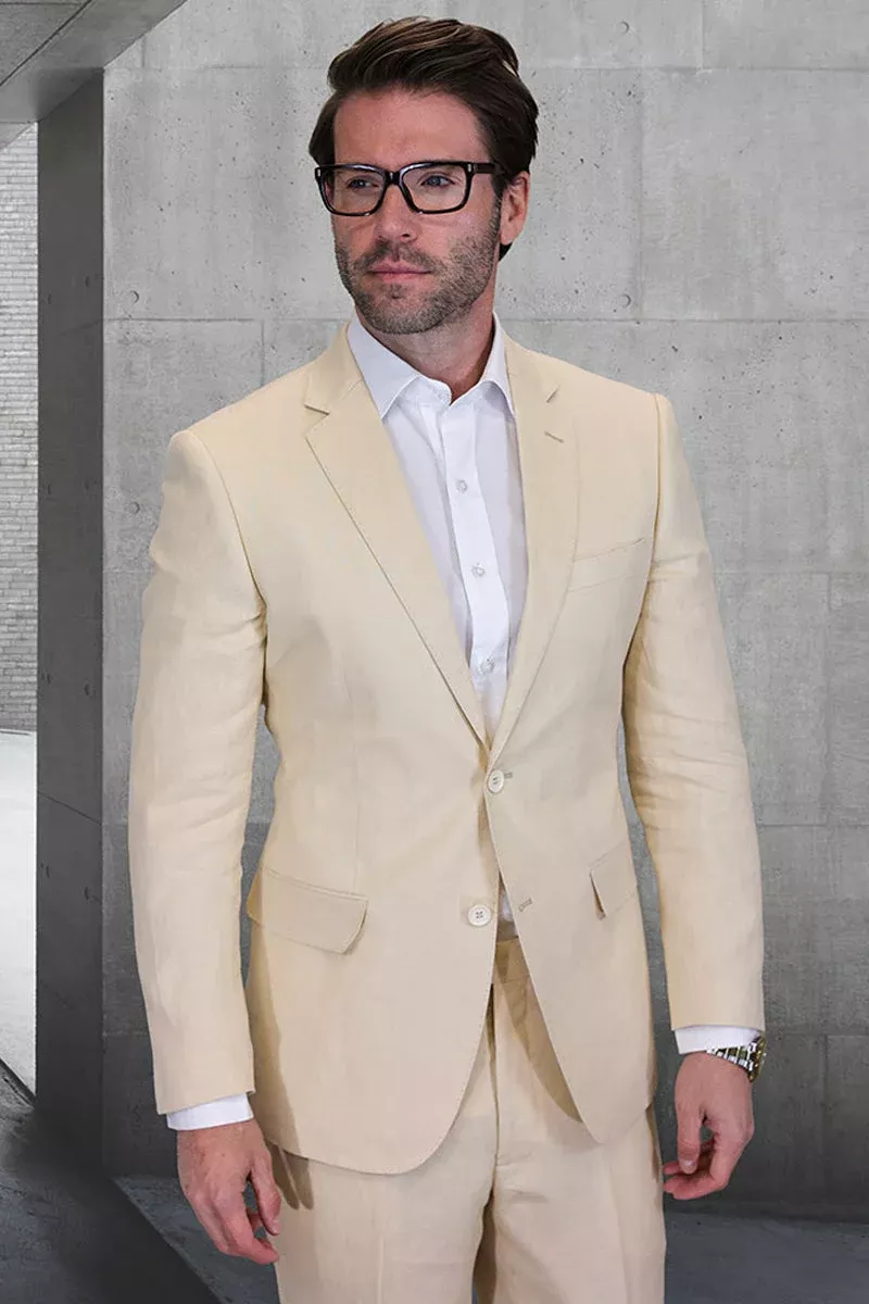 Men's Designer Two Button Summer Linen Wedding Suit in Natural Tan