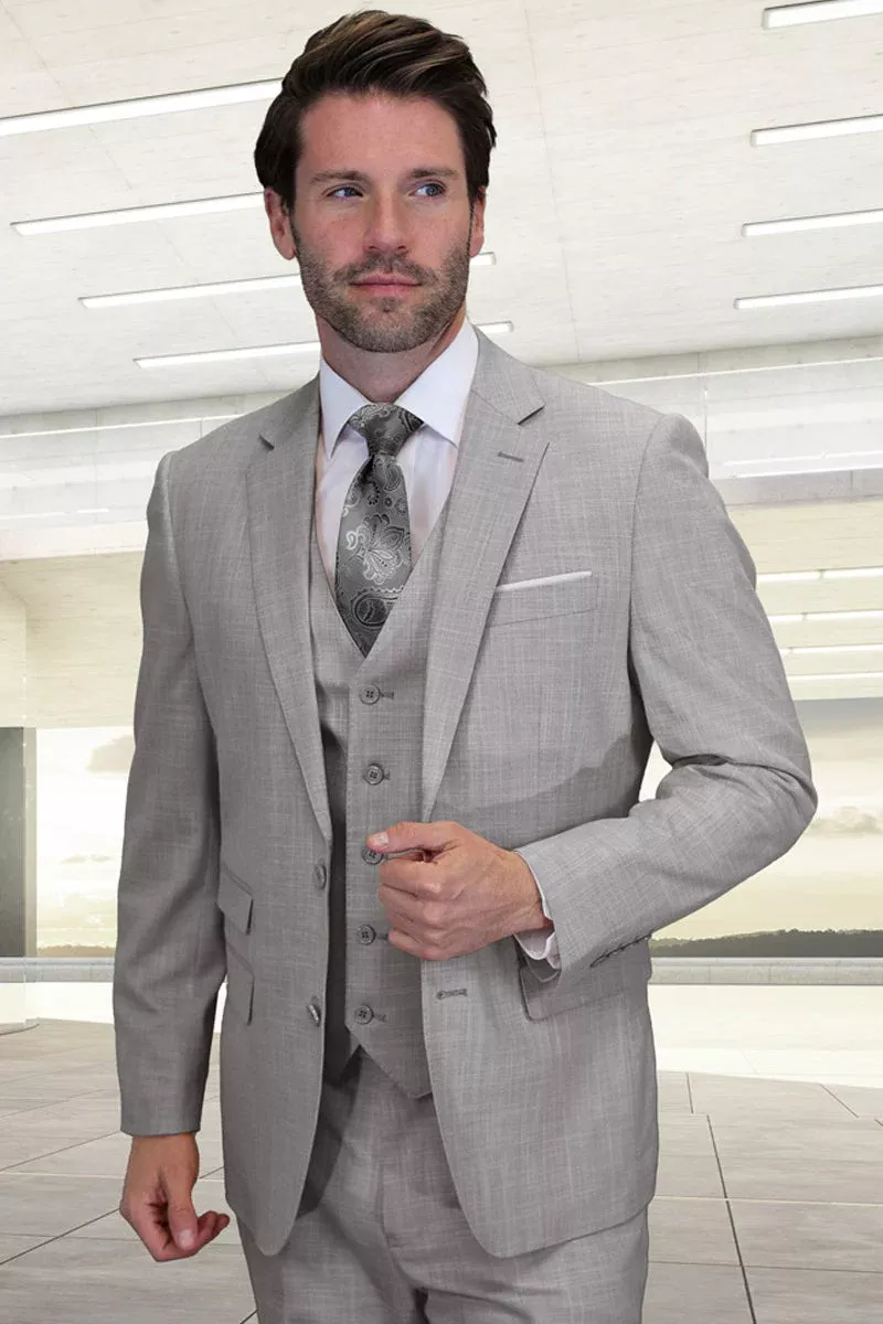 Men's Designer Two Button Vested Summer Sharkskin Wool Suit in Grey